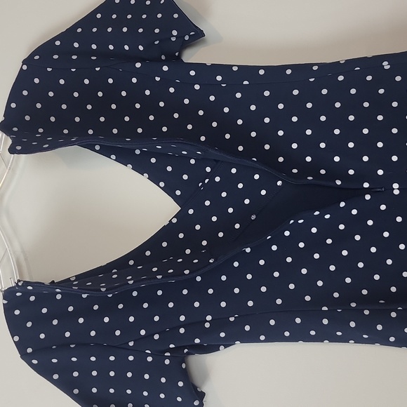 LANDS' END Navy Blue White Polka-dot Top Faux Wrap Side Ruched Knit Dress - Picture 7 of 12